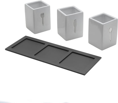 Towle Living 3-Piece Ceramic Caddy with Wood Tray, White, Black