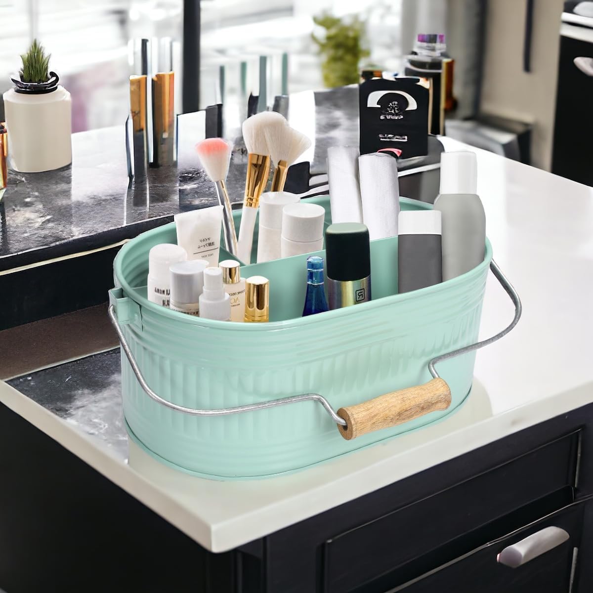Alpha Living Home Galvanized Metal Utensil Caddy - Rustic Farmhouse Organizer Metal Garden Caddy with 4 Compartments and Wooden Handle for Kitchen, Buffet & Outdoor Events (Silver)