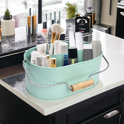Alpha Living Home Galvanized Metal Utensil Caddy - Rustic Farmhouse Organizer Metal Garden Caddy with 4 Compartments and Wooden Handle for Kitchen, Buffet & Outdoor Events (Silver)