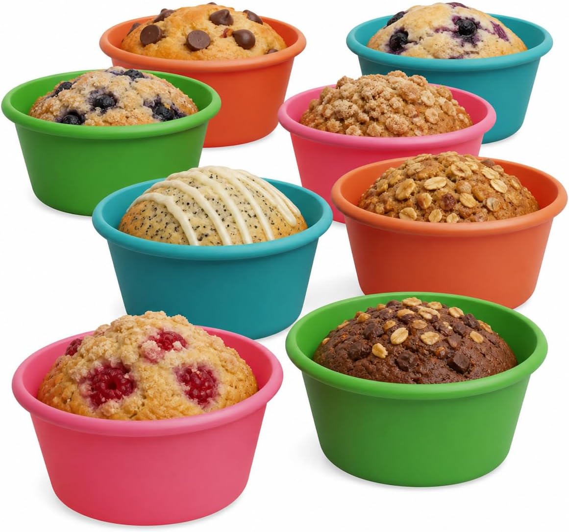 Bakerpan Silicone Jumbo Muffin Liners for Baking - Set of 8 Large 3.5 Inch Air Fryer Muffin Cups & Jumbo Cupcake Liners for Egg Bites, Quiche, Cheesecake & Muffins - Non-Stick, BPA-Free