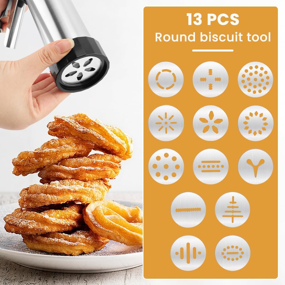 Stainless Steel Cookie Press Gun Kit, Spritz Cookie Maker with 13 Cookie Discs & 8 Piping Tips, Icing Decorating Gun for DIY Biscuit Cake Pastry, Home Baking Tool for Holiday & Daily Use