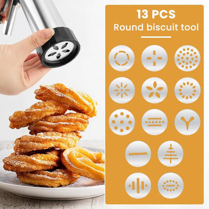 Stainless Steel Cookie Press Gun Kit, Spritz Cookie Maker with 13 Cookie Discs & 8 Piping Tips, Icing Decorating Gun for DIY Biscuit Cake Pastry, Home Baking Tool for Holiday & Daily Use