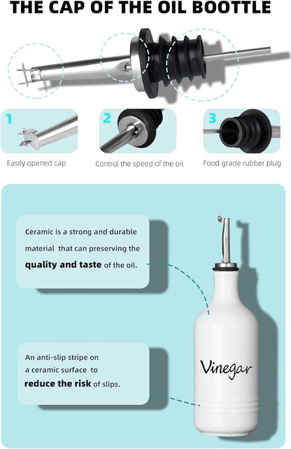 Farmhouse Ceramic Oil and Vinegar Dispenser Bottle Set, Perfect for Storage of Oil and Vinegar,15 oz (White)