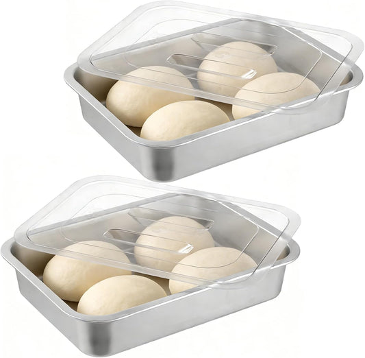 2 Pcs Pizza Dough Proofing Box -14.1x10.6 Inch Stainless Steel Pizza Dough Trays with Clear Lid, Household Pizza Bread Proofing Storage Container, Fits 4-6 Dough Balls