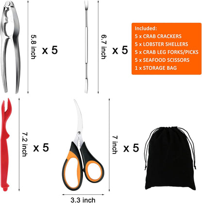 Seafood Crab Crackers and Tools, 21 Pcs Crab Leg Crackers, Nut Cracker Set, Seafood Tools Include 5 Crab Crackers, 5 Lobster Shellers, 5 Crab Leg Forks, 5 Seafood Scissors, mobzio Crab Legs Utensils