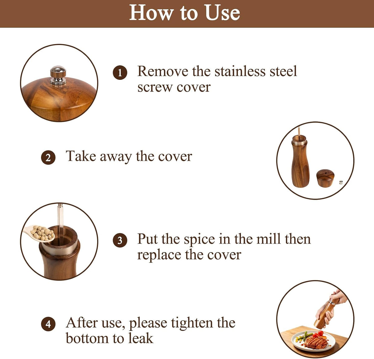 Acacia Wood Pepper Grinder, 8 Inch Salt Mill Pepper Mill for Kitchen