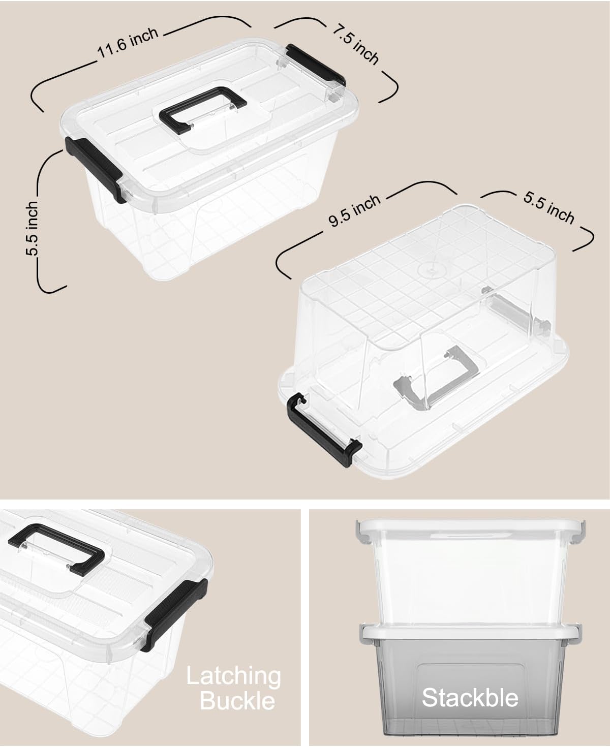 NUMIFUN 7Qt Clear Plastic Storage Bins with Lids,6 Pack | Stackable organizing totes with buckle latches & handles.Dust-proof clear design for home,office & pantry space saving