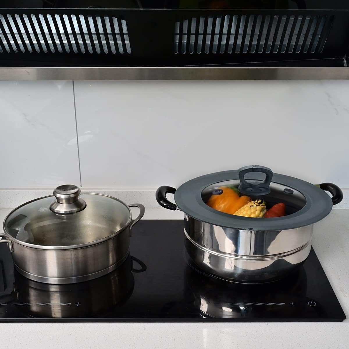 Vented Tempered Glass Universal Lid for Pot Pan Skillet with Heat Resistant Silicone Rim Microwave Splatter Lid Cover Microwave Safe Fit 11.5" 12" 12.5" Cookware, Dishwasher Safe Grey
