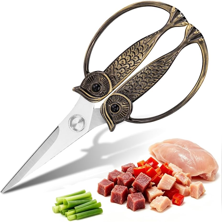 XSNBRD All Purpose Kitchen Scissors, Pearl Gold Stainless Owl Shears.