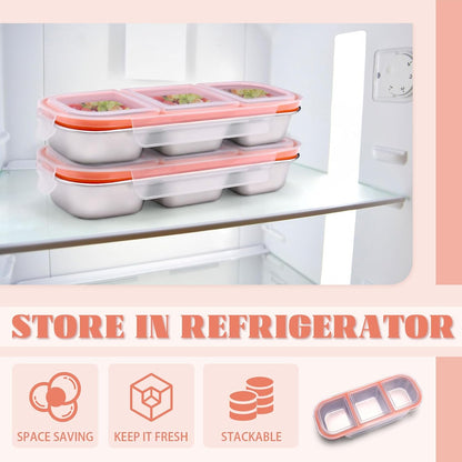 Snack Containers with Leakproof Lids, 3 Compartment Lunchable Meal Prep Containers Reusable 18/8 Stainless Steel, Stackable Food Storage Bento Lunch Box, 4 Pack