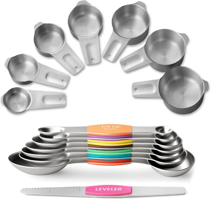 EWFEN Measuring Cups and Spoons Set, 7 Stainless Steel Nesting Measuring Cups & 7 Spoons, 5 Mini Measuring Spoons & 2 Detachable Rings, Kitchen Gadgets for Cooking & Baking, Round
