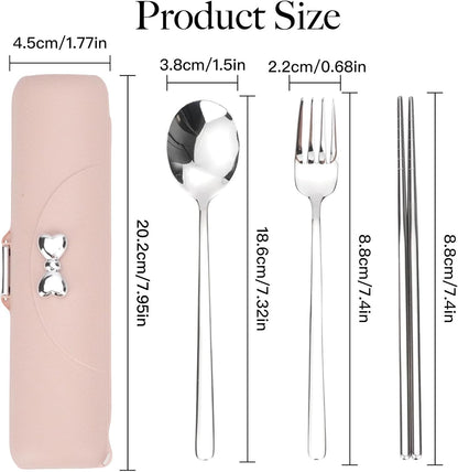 Travel Utensils with Case, Reusable Silverware Set for Lunch Box，Portable Cute Cutlery Set Adult, 18/8 Stainless Steel Spoon Fork Chopsticks for Work, Camping, Picnic, Dishwasher Safe（Pink）