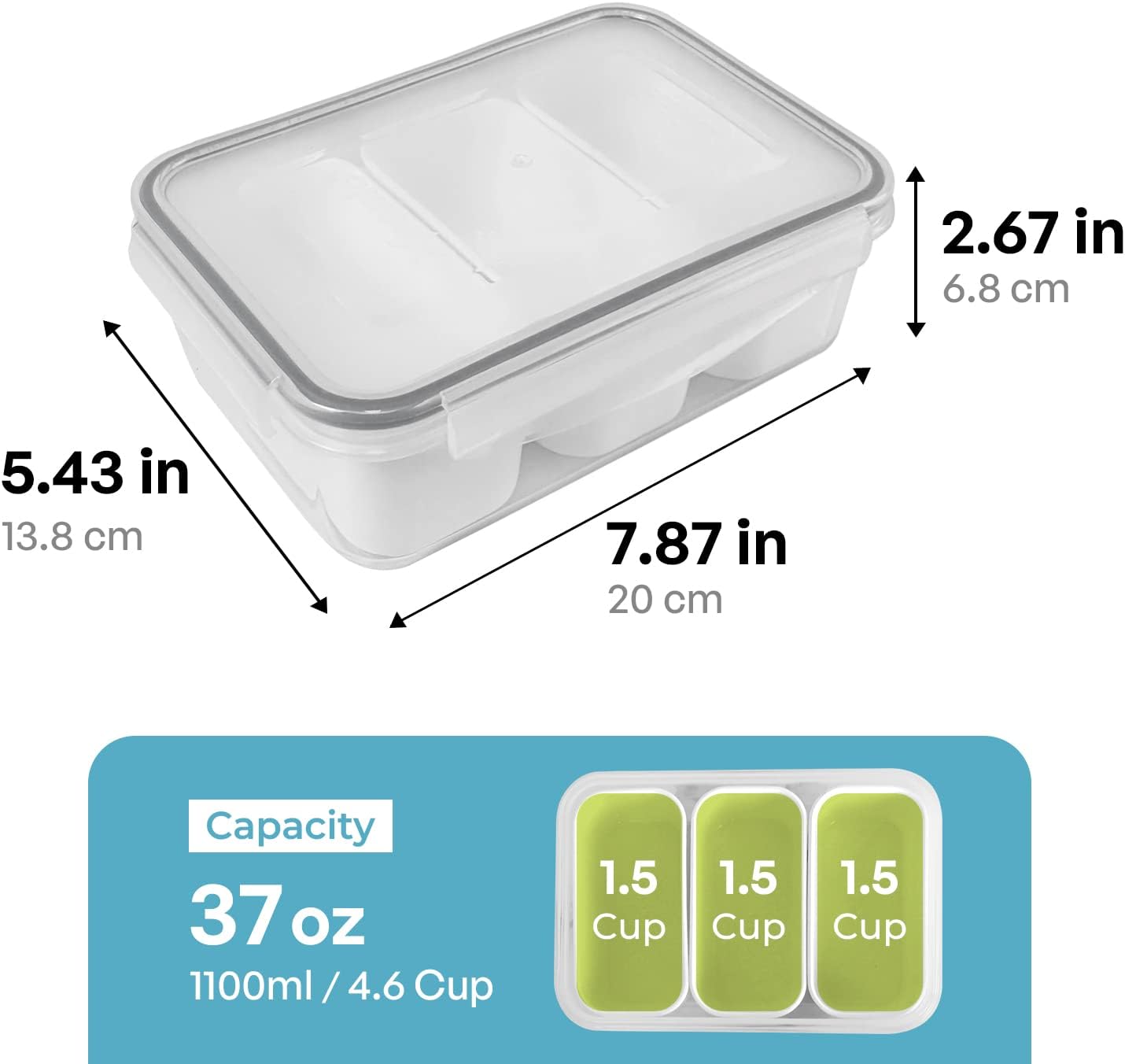 carrotez Food Storage Containers with 3 Removable Compartments, Food Prep Container with Airtight Lids, Portion Control Container, Microwave Safe, Reusable, 4.64 Cup (1100ml)