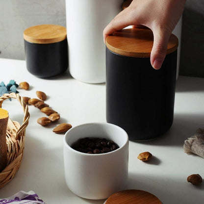 Ceramic Food Storage Jar Canister Modern Design Food Canisters with Airtight Seal Bamboo Lid, Loose Tea Coffee Spice Nuts Snacks Storage Jar Canister (Black 7.03oz/200ml)