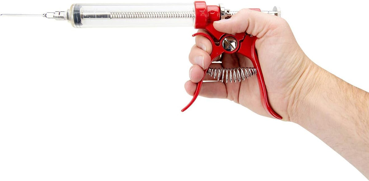Butcher BBQ Pistol Grip Gourmet Meat Injector Syringe | Metal Handle | 50cc Pistol Grip Injection Syringe | 2 Different Needles for Different Meats | BBQ Smoker Accessories | Tailgating Accessories