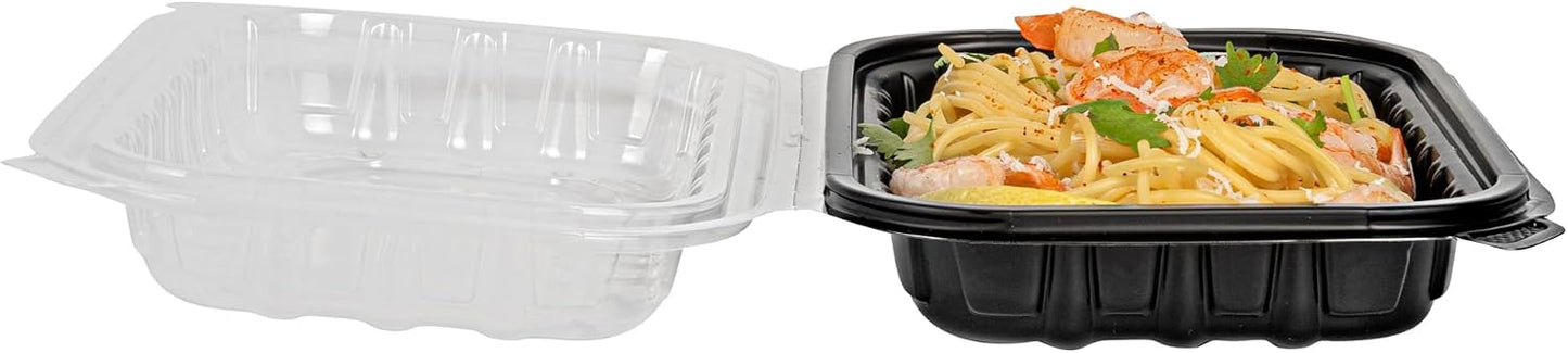 Thermo Tek 40 Ounce Clamshell Containers, 50 Disposable Take Out Boxes - 3 Compartments, Ventilated Lids, Black Plastic Meal Prep Containers, Microwavable, For Pasta Or Salads - Restaurantware