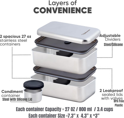 Modaniam Leak Proof Stainless Steel Bento Box, Stainless Steel Lunch Box For Adults, Metal Bento Box, Japanese Lunch Container, Large With Compartment, Korean Bentobox, Non Toxic, Microwave Safe
