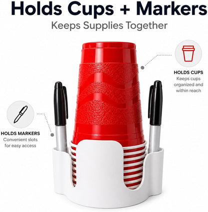 Party Cup Dispenser with Marker Holder – Stackable Plastic Cup Organizer for Parties, Events, BBQs, Picnics, Graduations & Drink Stations, Cup and Marker Caddy, Black (Red)