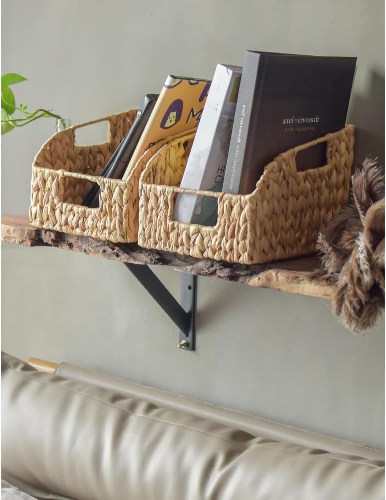 Set of 2 Handwoven Water Hyacinth Storage Baskets, Open Front Wicker Organizer Bins with Handles for Kitchen Pantry Closet Shelf, Natural Rattan Baskets for Home Organization