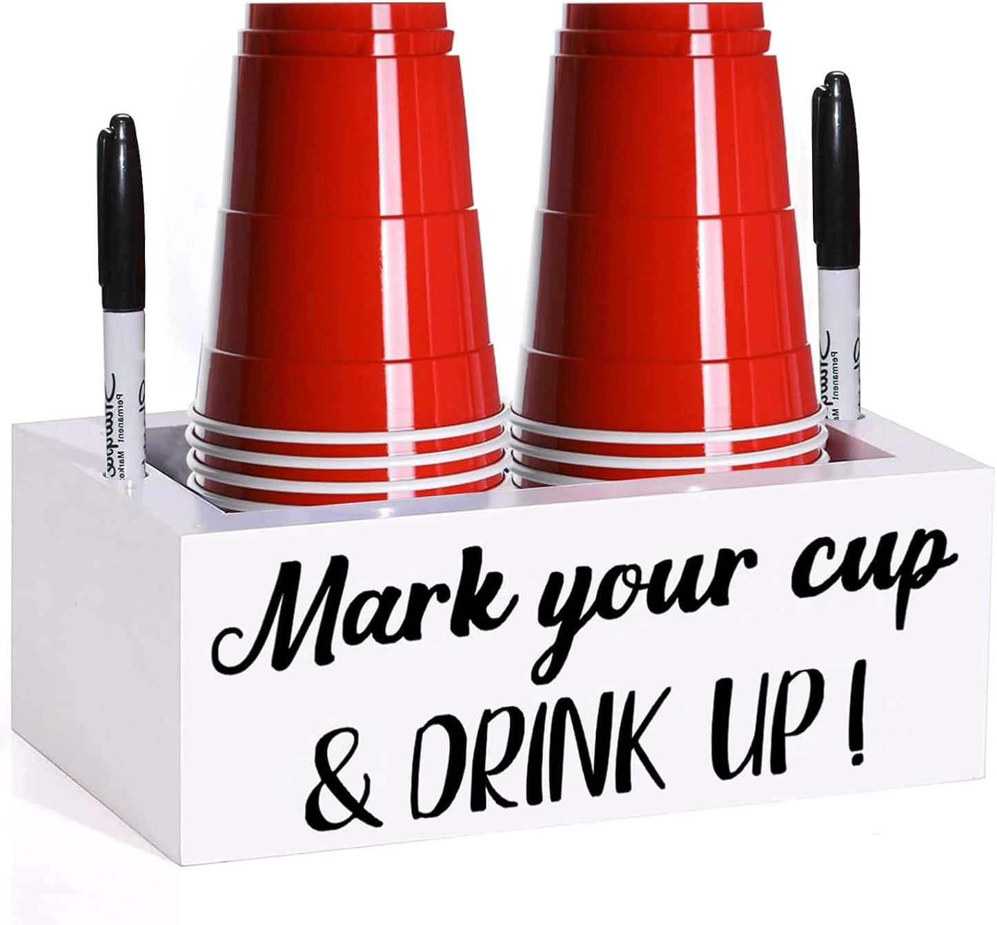 Wooden Cup Holder with Marker Slot, Disposable Plastic Party Cup Organizer for Holiday Gatherings - Hosting Essential to Mark Your Cup & Drink Up, Prevent Mix-Ups, Reduce Waste