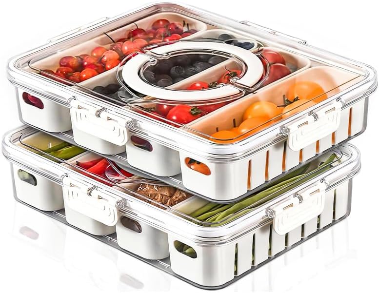 2 Pcs Portable Picnic Parties Fruit Tray, Fridge Food Veggie Condiment Divided Serving Preservation Storage Containers, Kitchen Clear Snackle Box Candy Organizer with Lid Handle