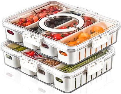 2 Pcs Portable Picnic Parties Fruit Tray, Fridge Food Veggie Condiment Divided Serving Preservation Storage Containers, Kitchen Clear Snackle Box Candy Organizer with Lid Handle