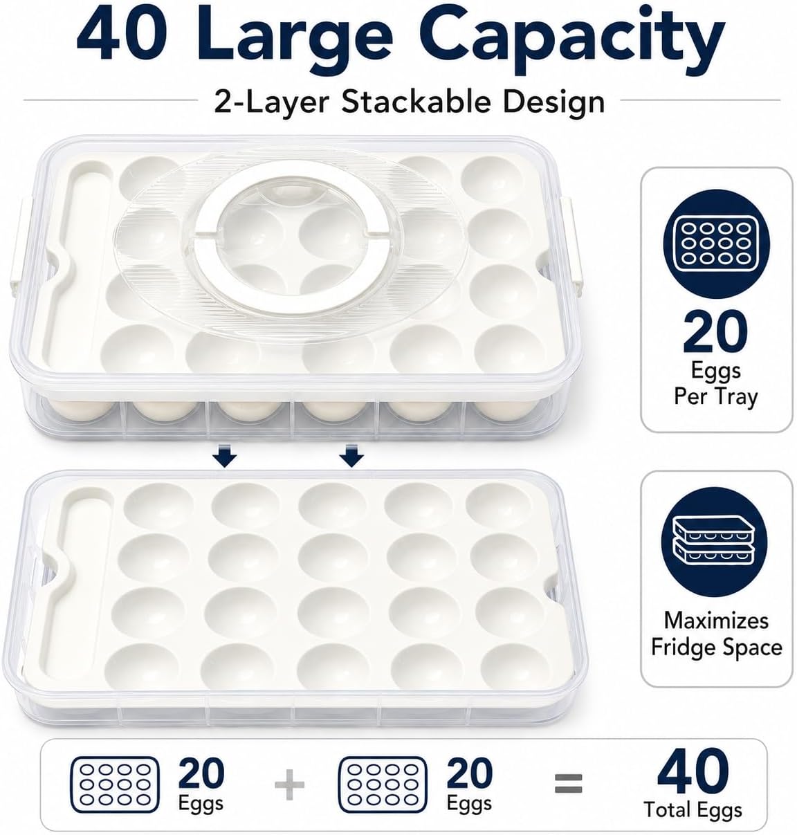 2 Pack Deviled Egg Containers with Lid, Holds 40 Deviled Egg Halves Total, Stackable Deviled Egg Carrier for Party, Picnic, Potluck, Easter, Refrigerator Storage, Clear Plastic Egg Tray Holder