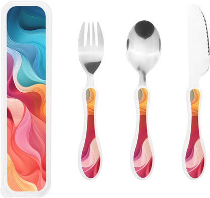 3-Piece Kids Silverware Set With Storage Case, Stainless Steel Reusable Children Safe Knife Spoon Fork Set Blue Active Girl Running Sunset Children Flatware Set For Kids Lunch Box - Colors A