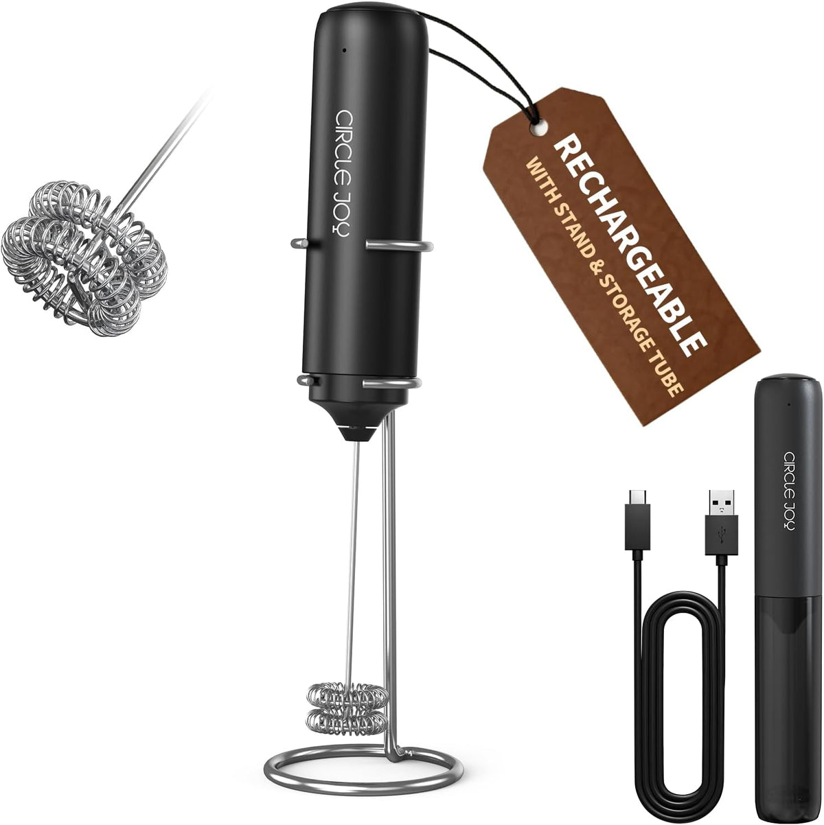 CIRCLE JOY Rechargeable Milk Frother Handheld, Dual Coil Whisk Head Electric Coffee Frother, Portable Hand Frother Wand Drink Mixer for Matcha Lattes Cappuccino, Kitchen Gifts, Black