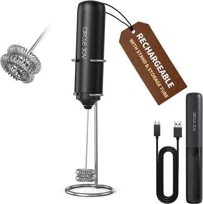 CIRCLE JOY Rechargeable Milk Frother Handheld, Dual Coil Whisk Head Electric Coffee Frother, Portable Hand Frother Wand Drink Mixer for Matcha Lattes Cappuccino, Kitchen Gifts, Black