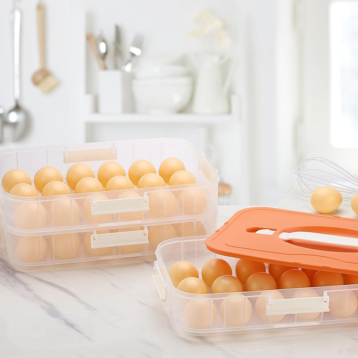 BTSKY Deviled Egg Platter with Lid, 3-Layer 54 Slots Deviled Eggs Carrier, Clear Portable Egg Holder for Fridge Reusable Deviled Eggs Tray Carton Box for Easter and Party Favor (3-Layer, Orange)