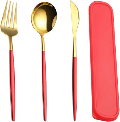 Portable Travel Utensils Set, 18/8 Stainless Steel 3 PCS Cutlery Set Including Knife Fork and Spoon, Reusable Travel Silverware Set with Case for Lunch Box Camping School Office