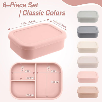 Honeydak 6 Pcs Silicone Bento Box Reusable Silicone Bento Lunch Container for Adults Microwave Dishwasher Freezer Safe 3 Compartment (Light Colors)