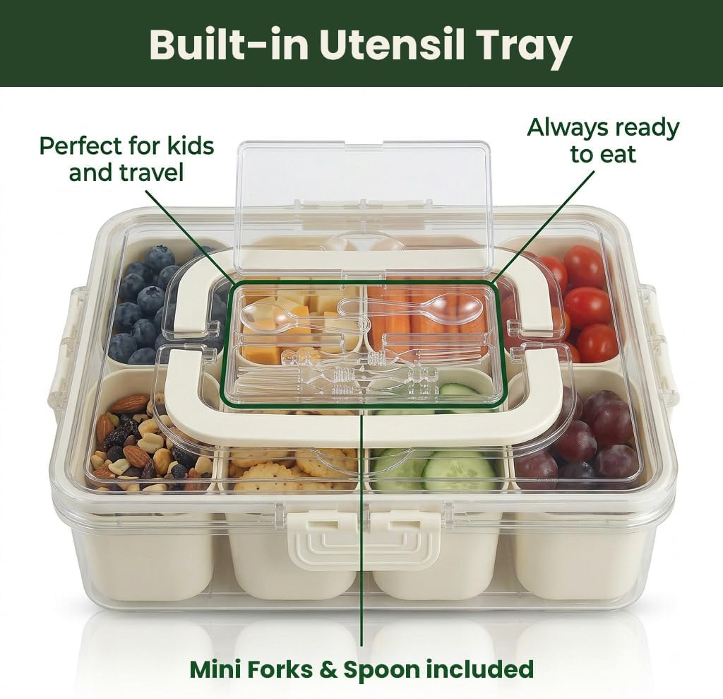 Snackle Box Container 2 Pack | Snack Box Container with Lid, BPA-Free 8-Compartment Divided Serving Tray & Snack Tray with Built-In Utensil Tray | Snack Tackle Box Organizer for Adults & Kids