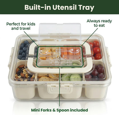 Snackle Box Container 2 Pack | Snack Box Container with Lid, BPA-Free 8-Compartment Divided Serving Tray & Snack Tray with Built-In Utensil Tray | Snack Tackle Box Organizer for Adults & Kids
