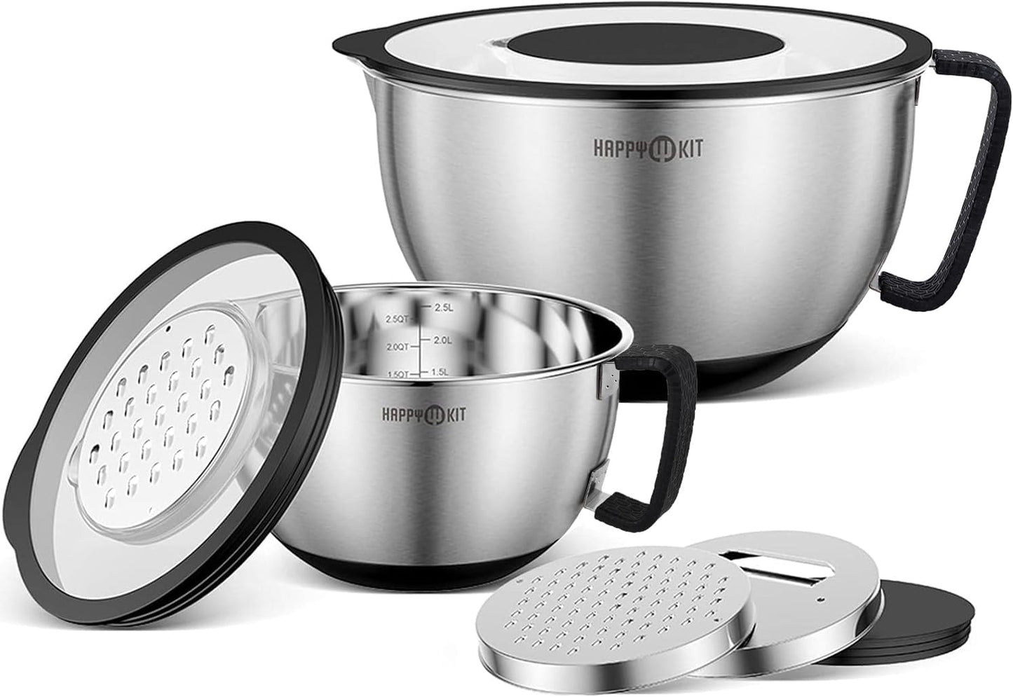 HAPPY KIT 304 Mixing Bowls with Lids Set of 2,Stainless Steel Mixing Bowl with Pour Spout, Non-slip Handle and Bottoms, 3 Grater Attachments, Measurement Marks & Lid, Size 5QT, 3QT(Red)