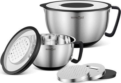 HAPPY KIT 304 Mixing Bowls with Lids Set of 2,Stainless Steel Mixing Bowl with Pour Spout, Non-slip Handle and Bottoms, 3 Grater Attachments, Measurement Marks & Lid, Size 5QT, 3QT(Red)