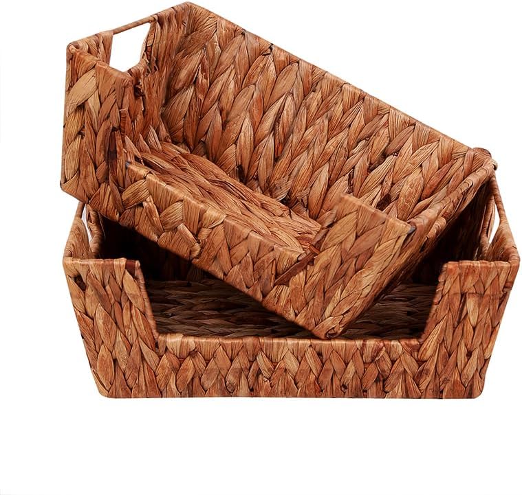 Wicker Storage Baskets,Open Front Storage Baskets with Built-in Handles, Pantry Storage Bins for Kitchen, Bedroom, Bathroom, Home Decor-2 Pack