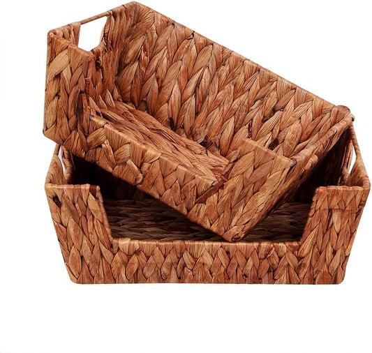 Wicker Storage Baskets,Open Front Storage Baskets with Built-in Handles, Pantry Storage Bins for Kitchen, Bedroom, Bathroom, Home Decor-2 Pack