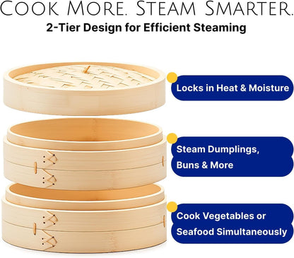 JapanBargain 2224, Large Chinese Bamboo Steamer Steaming Basket for Vegetable Seafood Dim Sum Dumpling Bun Egg, 12-inch