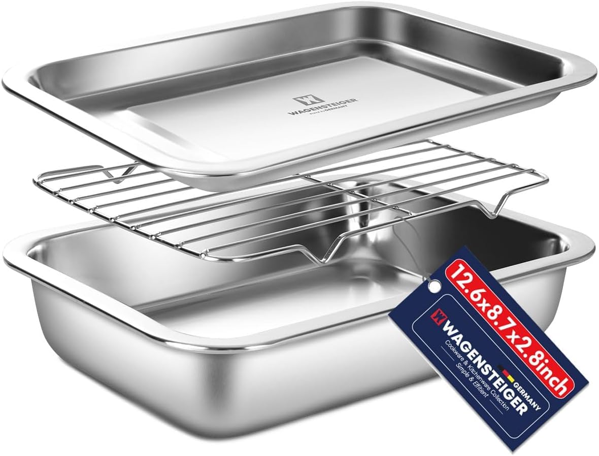 Stainless Steel Food Prep Container with Rack & Lid (Tray), 4.54Quarts, Catering Pans, Restaurant Pans, Buffet Party pan, Roasting Pan with Rack, Bakeware Roaster, Casserole (1307 / No7)