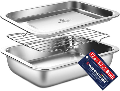 Stainless Steel Food Prep Container with Rack & Lid (Tray), 4.54Quarts, Catering Pans, Restaurant Pans, Buffet Party pan, Roasting Pan with Rack, Bakeware Roaster, Casserole (1307 / No7)