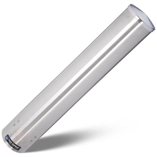 San Jamar 23.5" Pull Type Cup Dispenser – Stainless Steel 12 to 24 Oz Cup Holder with Flip Cap for Restaurants, Dining Halls, Fast Food Beverage Stations, Silver