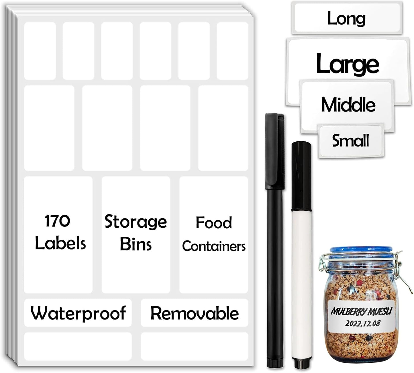 JIEHENG 170Pcs Black Removable Labels for Jars,for Storage Bins,for Food Containers with 2 Liquid Chalk Marker(Black)