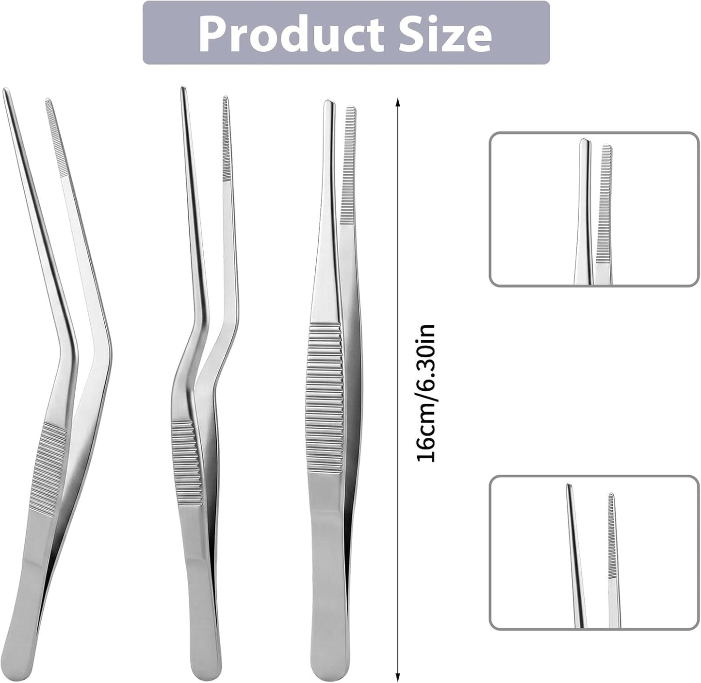 3 PCS Kitchen Cooking Tweezers Culinary, Kitchen Tweezers for Cooking, 6.3 Inch Tweezer Precision Tongs for Cook Food Tweezer Stainless Steel Food Tongs for BBQ, Baking, Plating and Serving