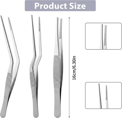 3 PCS Kitchen Cooking Tweezers Culinary, Kitchen Tweezers for Cooking, 6.3 Inch Tweezer Precision Tongs for Cook Food Tweezer Stainless Steel Food Tongs for BBQ, Baking, Plating and Serving