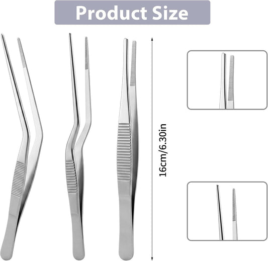 3 PCS Kitchen Cooking Tweezers Culinary, Kitchen Tweezers for Cooking, 6.3 Inch Tweezer Precision Tongs for Cook Food Tweezer Stainless Steel Food Tongs for BBQ, Baking, Plating and Serving