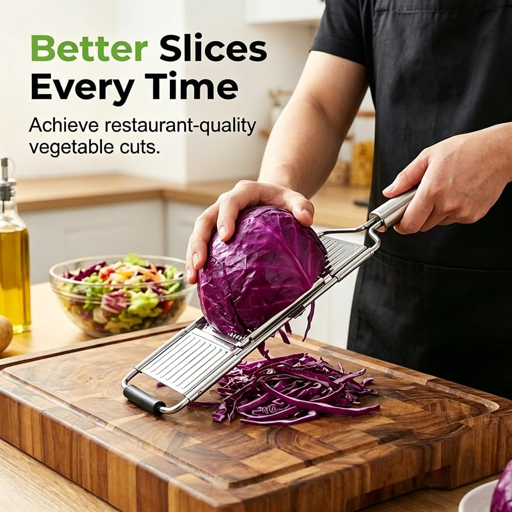 4-in-1 Vegetable Slicer, Handheld Mandoline Cutter with Stainless Steel Guard, Adjustable Thickness Onion Slicer, Sharp Veggie Shredder for Kitchen Fruit Cutting, Silver