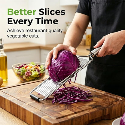 4-in-1 Vegetable Slicer, Handheld Mandoline Cutter with Stainless Steel Guard, Adjustable Thickness Onion Slicer, Sharp Veggie Shredder for Kitchen Fruit Cutting, Silver
