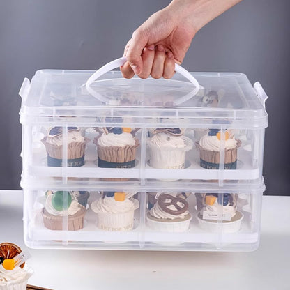 Cupcake Carrier Stackable Storage Container Collapsible Cake Carrier with Lid and Handle, with 50 PCS Cupcake liners,Reusable Plastic Dessert Travel Container,Transport Box (24 Cupcakes White)
